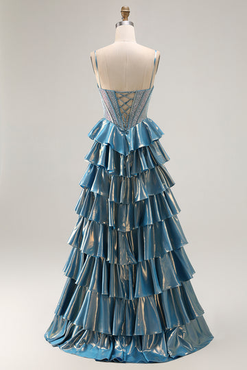 Blue Metallic A-Line Corset Tiered Long Prom Dress With Beading